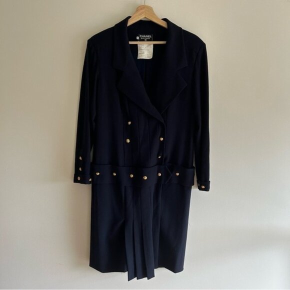 Vintage Chanel 80's Navy Maxi Pleated Dress Size 42 - Picture 11 of 13